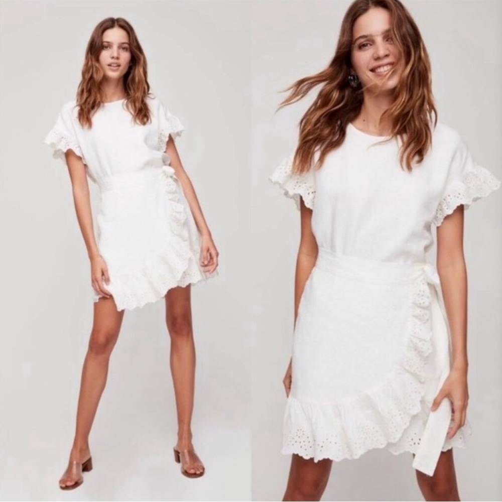 Aritzia‎ Wilfred Ninette Linen Faux Wrap La Boheme Dress in Espace White Medium